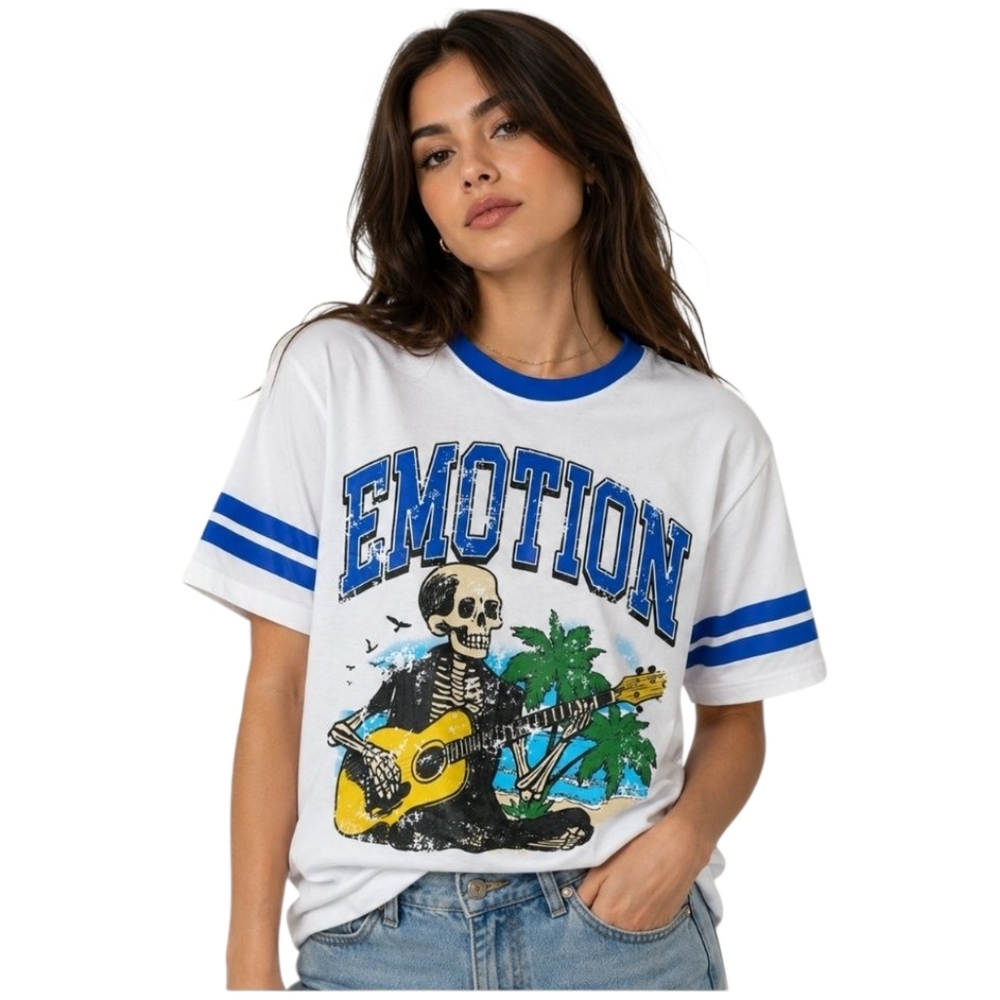 Mixed Emotion "Guitar" Cropped Cotton Tee in white and blue